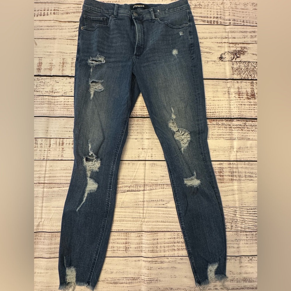 Express Distressed Dark Blue Skinny Jeans